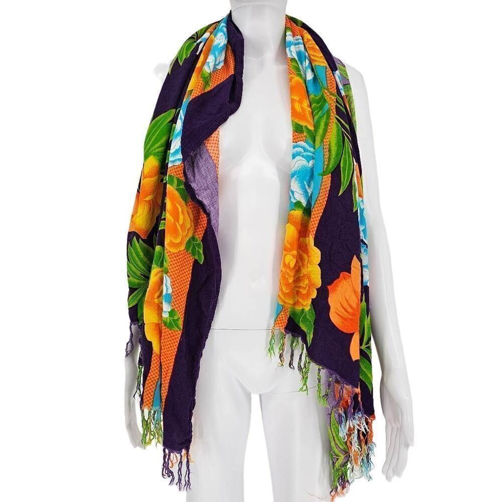 Vintage Hawaii Tassel Floral Wrap Scarf Purple